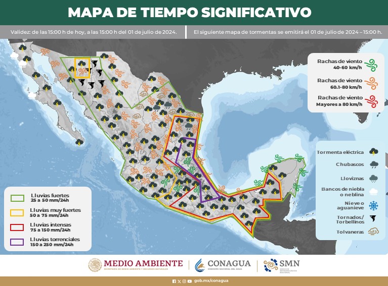 La Subsecretaría de Protección Civil del Estado (PC) informa que, para esta tarde, se esperan intervalos de chubascos con lluvias puntuales fuertes en las regiones Sureste, Laguna, Centro y Carbonífera