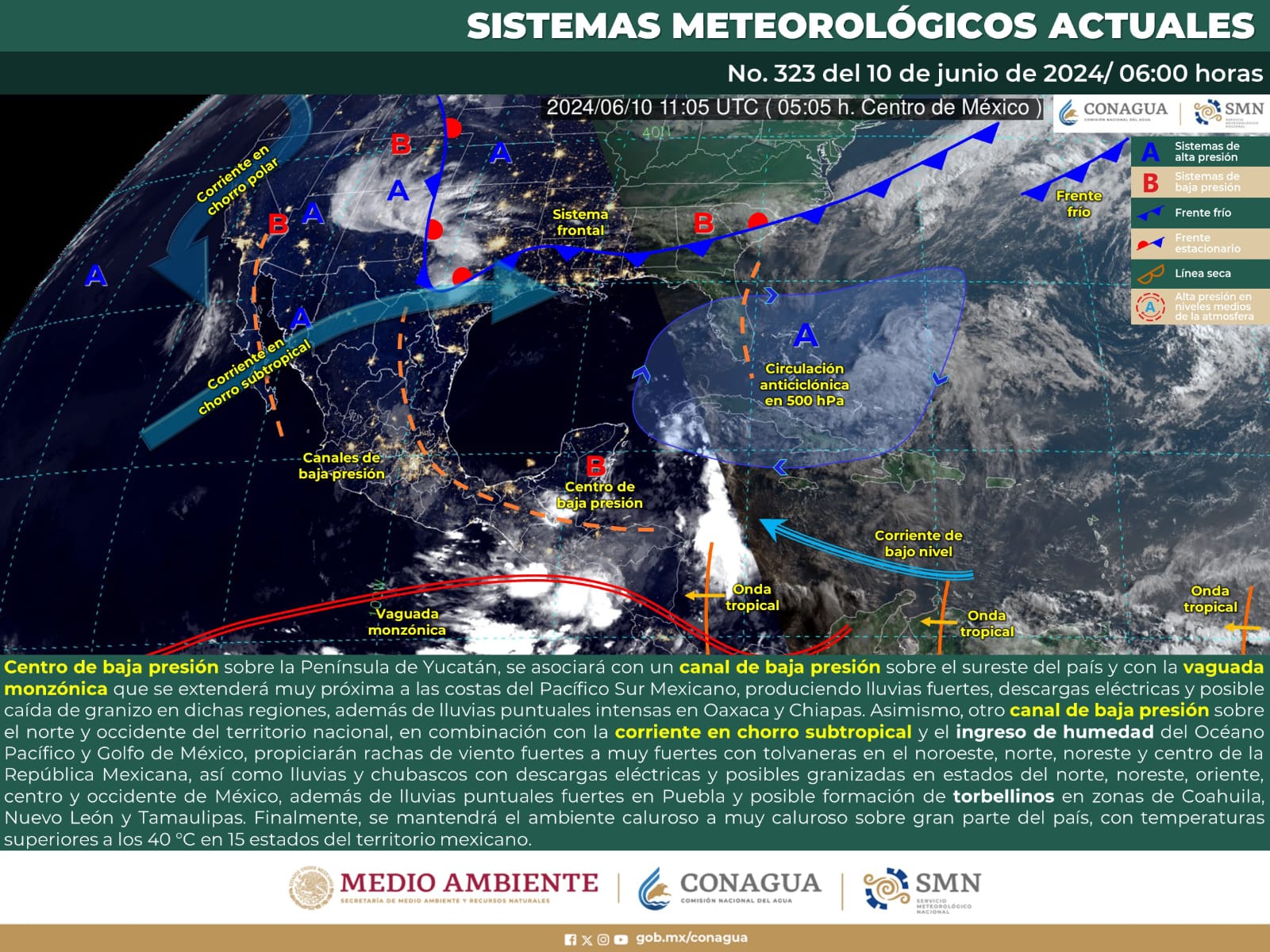 Un canal de baja presión en combinación con la corriente en chorro subtropical y el ingreso de humedad propiciará fuertes rachas de viento.